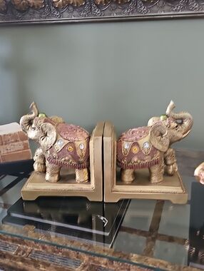 Decorative Gold and Pink Elephant Bookends - Ornate Home Accent